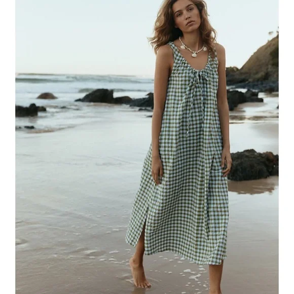 Opia Byron Bay Bridget Dress XS/S NWT Green Gingham Sleeveless Maxi Dress - Picture 2 of 12